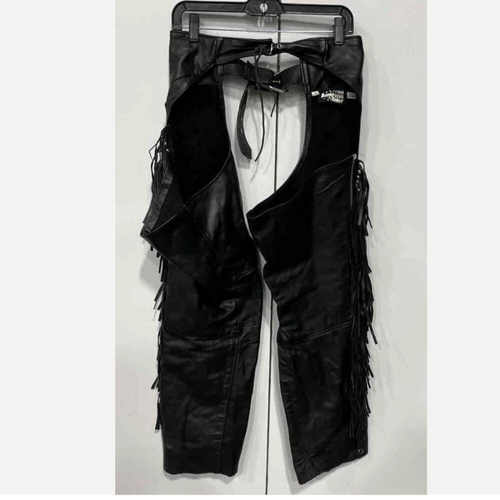 Vintage USA Made Leather Chaps With Fringe Women's L  All American Rider Black B